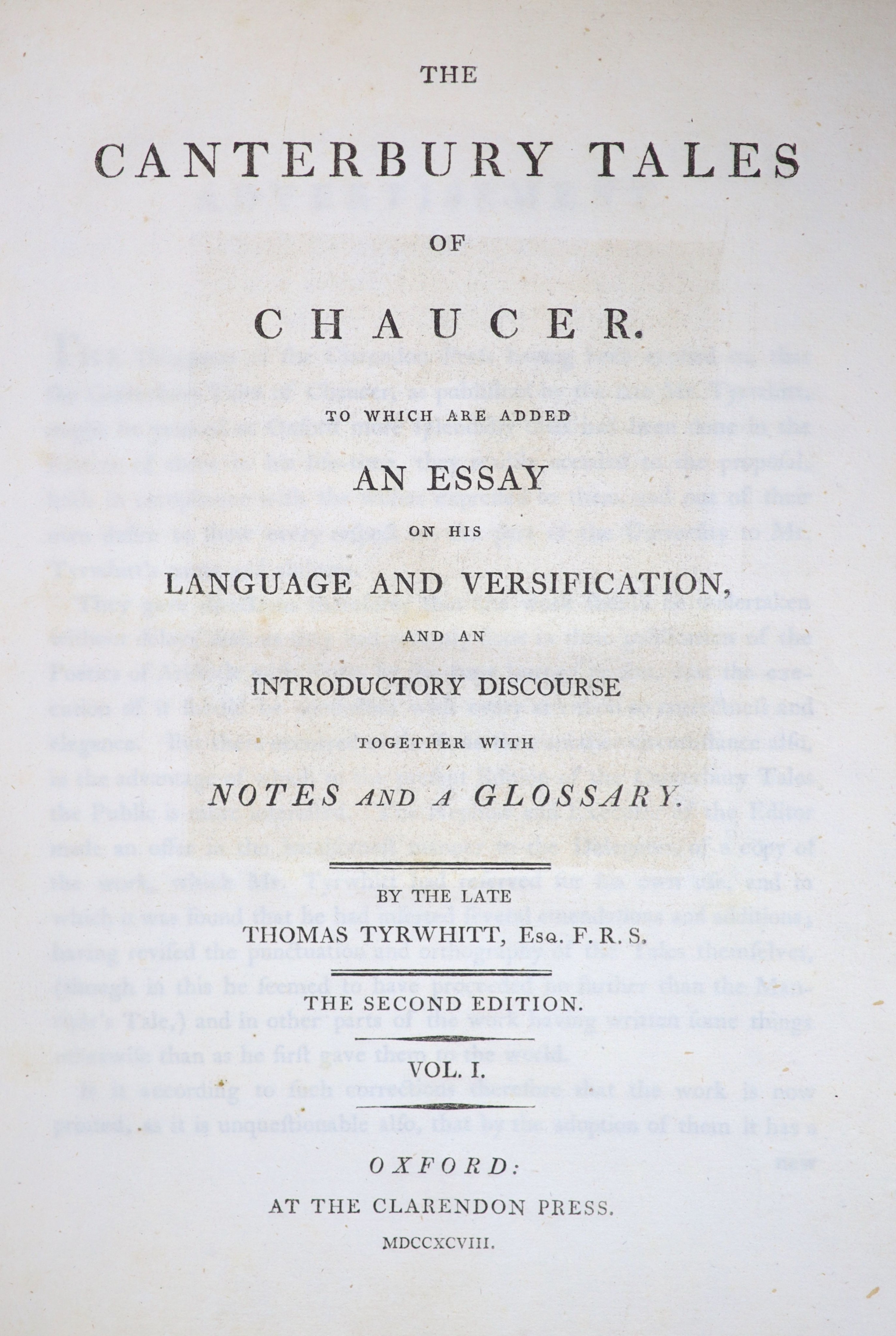 Chaucer, Geoffrey - Canterbury Tales, edited by Thomas Tyrwhitt, 2nd edition, 2 vols, 4to, 19th century half calf, with portrait, Oxford, 1798